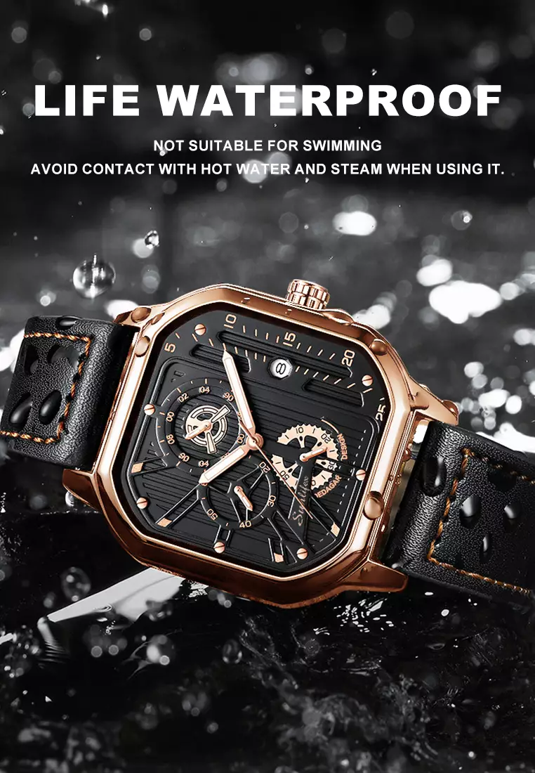 Jam Tangan Pria 9095 Kuarsa Olahraga Kasual Tali Kulit Pria Jam Tangan Cowok rose black