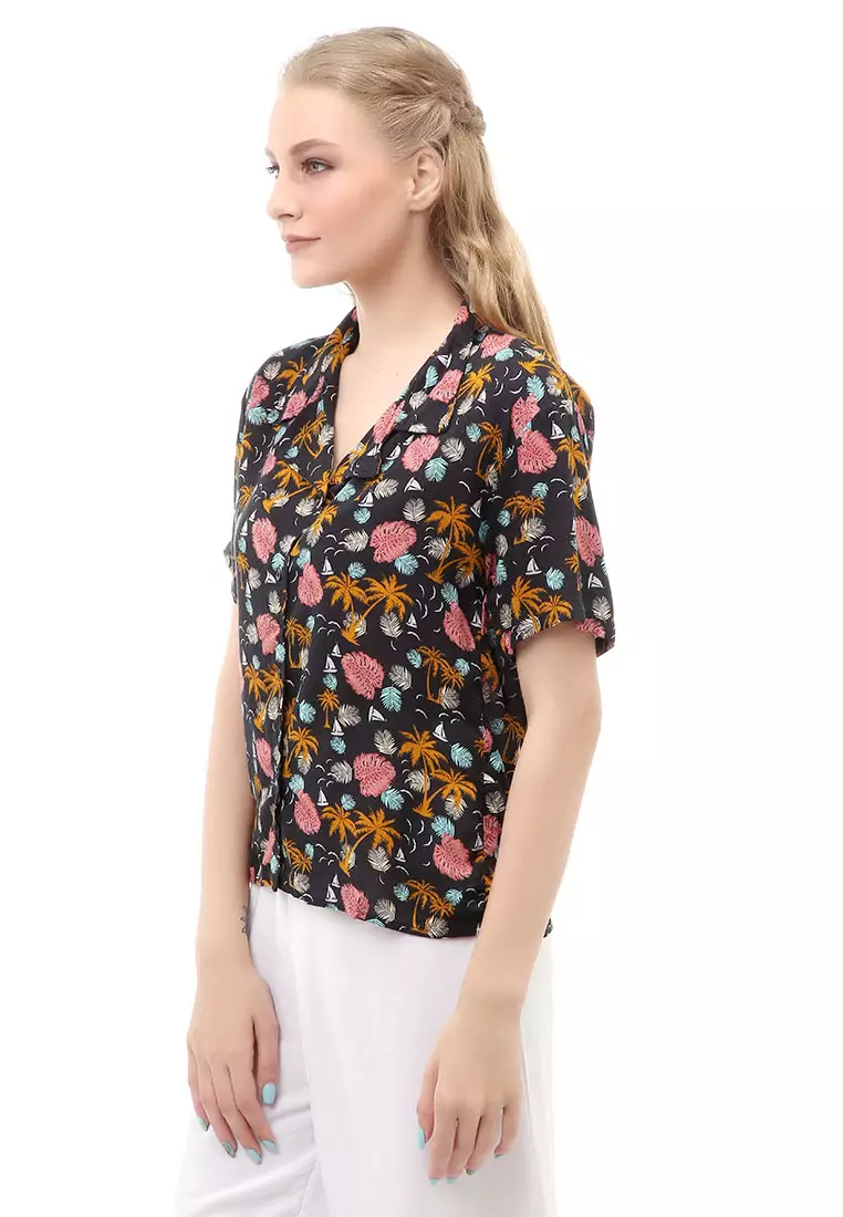 Holly Atasan Kasual Kemeja Wanita Hawai Jasmine Lengan Pendek Material Rayon ORIGINAL - Black