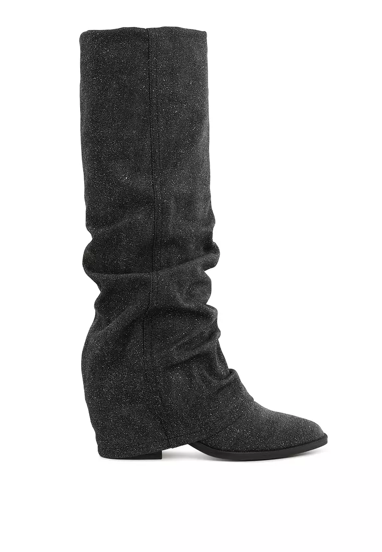 Discount on London Rag  shoes - SKU: Fold-Over Slouchy Denim Boot in Black