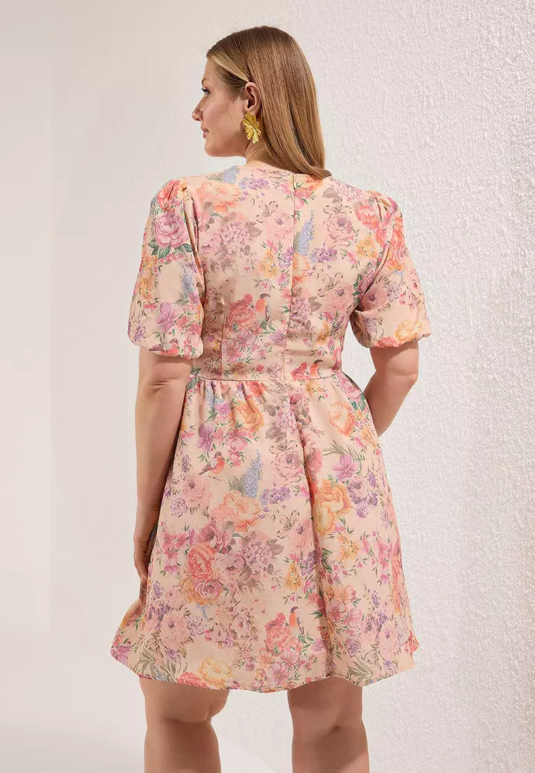 Floral V Neck Balloon Sleeve Woven Plus Size Dress Tbbss25Ah00218