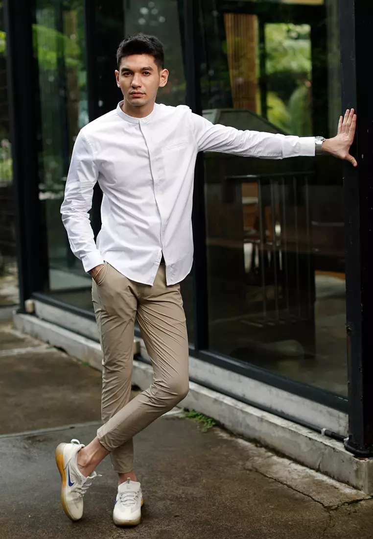 OXCON Kemeja Tangan Panjang koko bordir embrodiery collarless shirt White