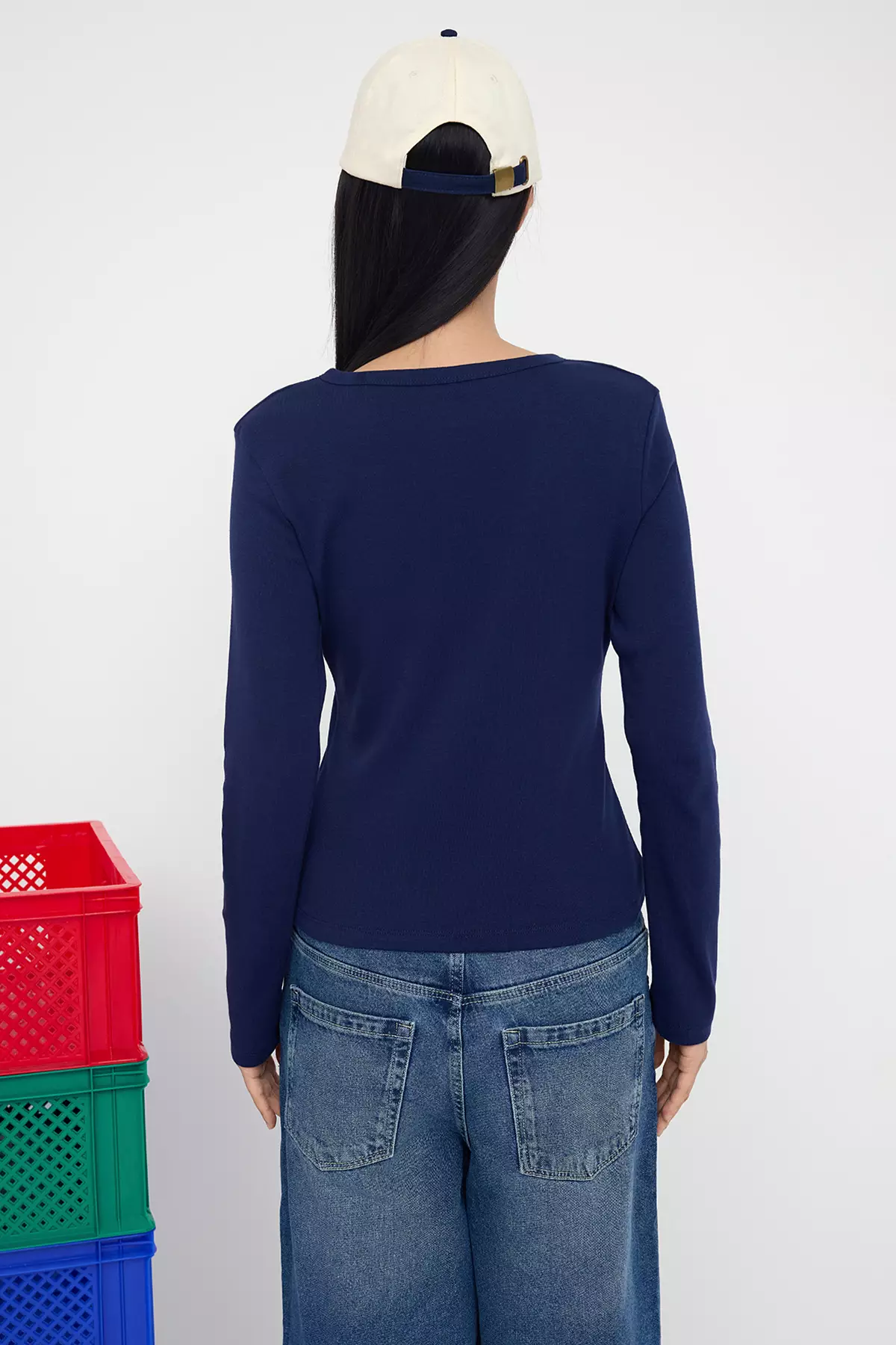 Teen Wardrobe Essentials – Navy Blue Button-Down Stretch Knit Blouse | Twoaw26Bz00007