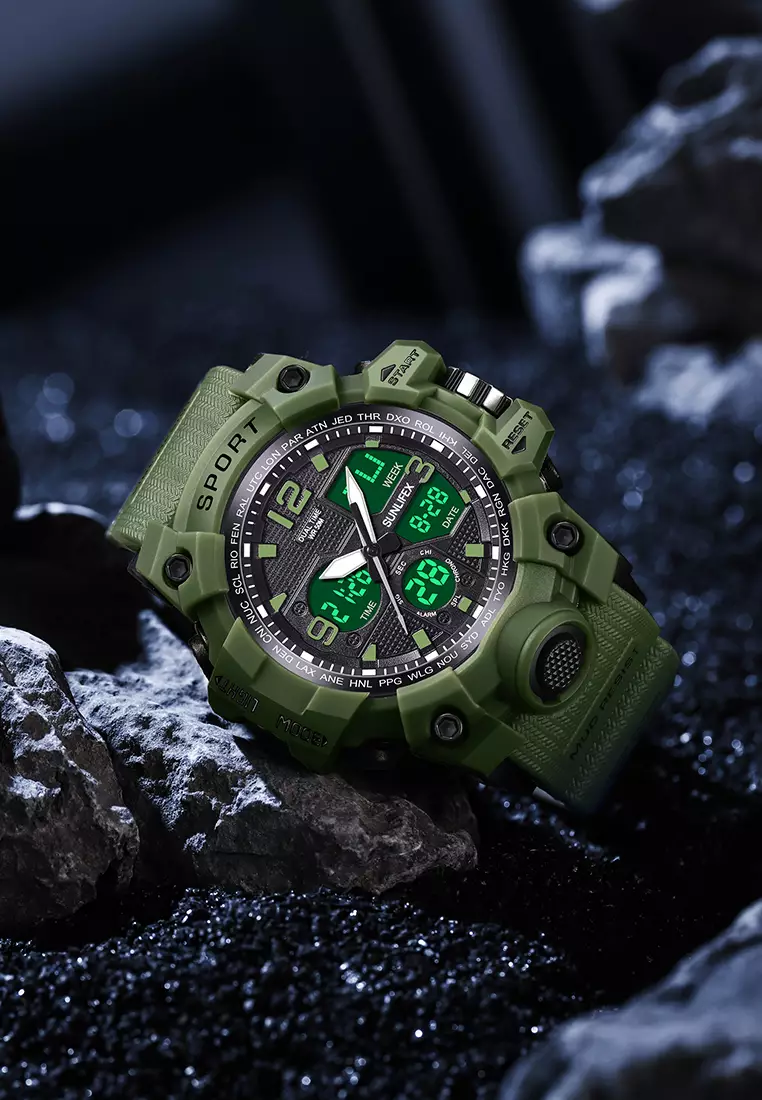 Jam Tangan Pria Digital D008 Multifungsi Alarm Olahraga Bercahaya Analog Jam Tangan Cowok Green