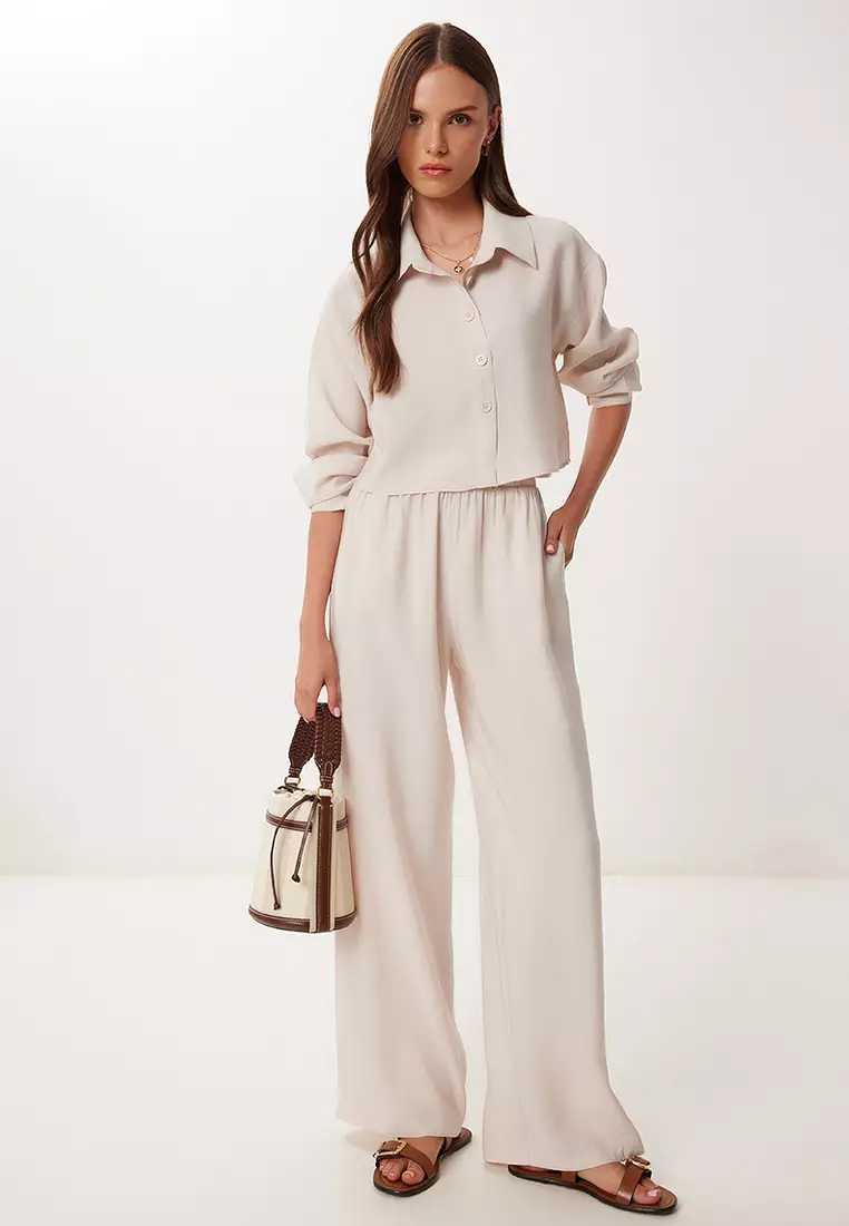 Women's Cream Modal Shirt Pants Suit Bv00158