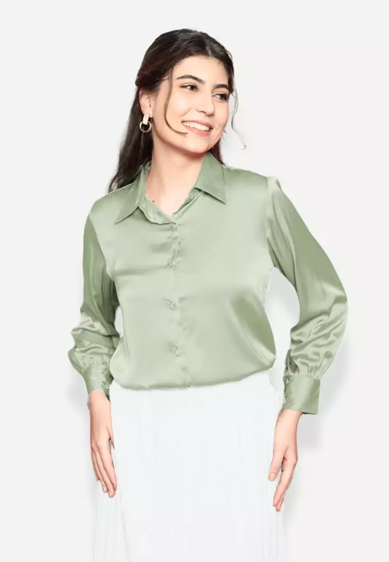Plain Shirt Sateen In Soft Green By Brilliant Girl Warna HIJAU