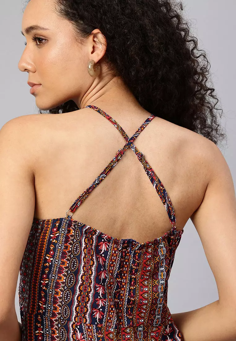 Gaun Maxi Belahan Samping Belakang Silang Warna Multi