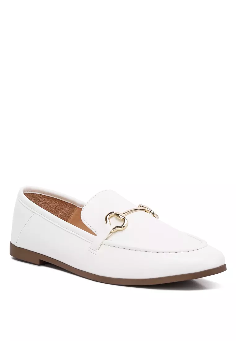 Horsebit Embellished Faux Leather Loafers in White