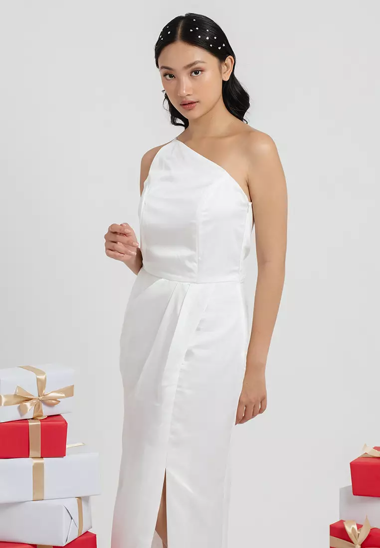 Pleated Waist One Shoulder Dress in White