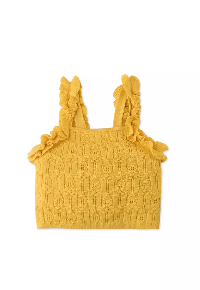 Baby Girls Popcorn Knit & Pointelle Blouse With Ruffle Straps