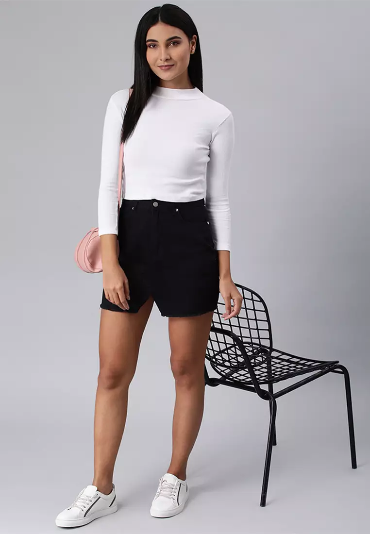 Black Split Front Denim Mini Skirt