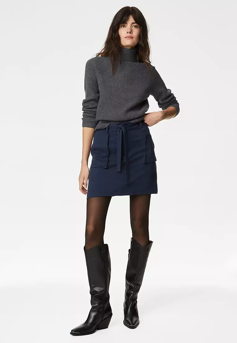 Lyocell Rich Belted Mini A-Line Skirt