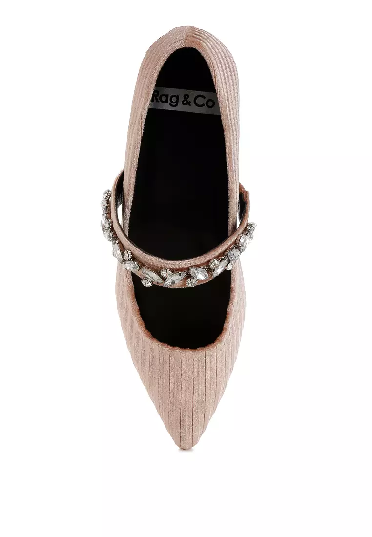 Diamante Brooch Velvet Ballerinas in Beige