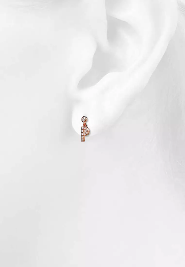 Solid 925 Sterling Silver Initial Crystal Personalised Alphabet Letter Earrings Rose Gold - P