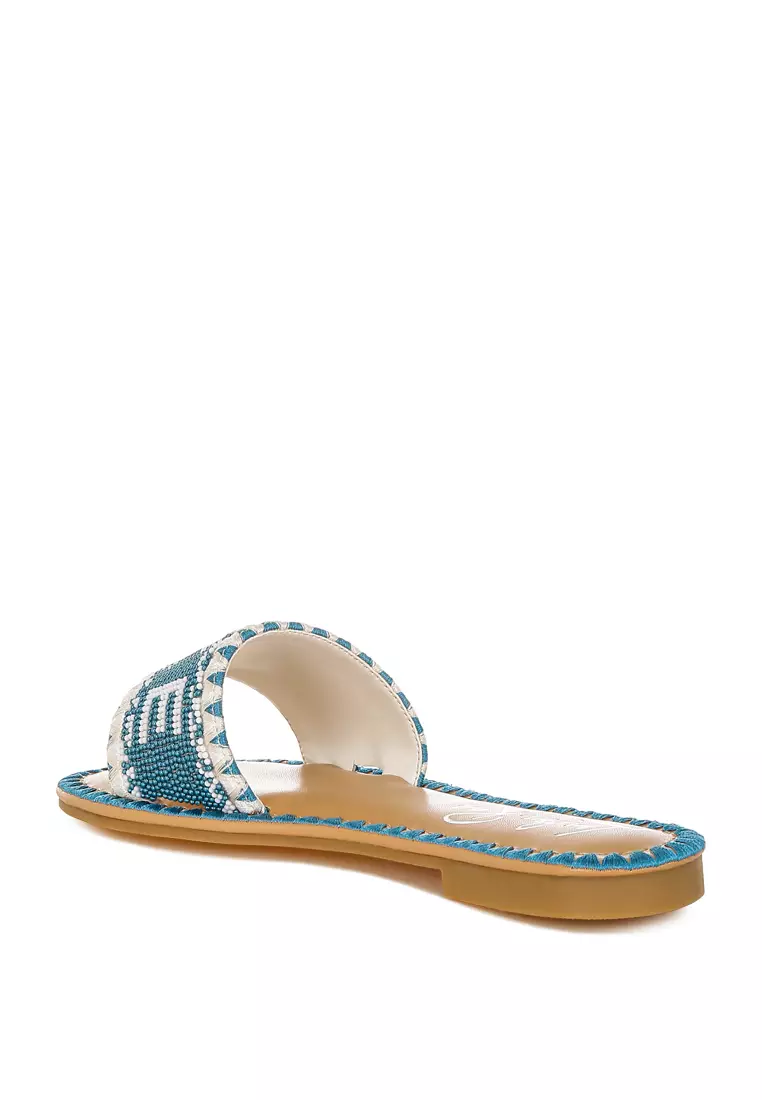 Beaded Lake Como Flat Slip Ons In Blue