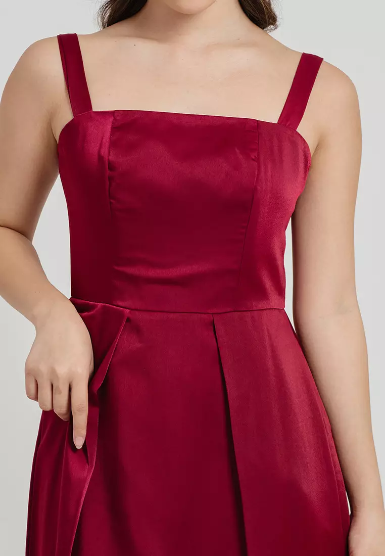 Wide Strap Flare Midi Dress in Maroon