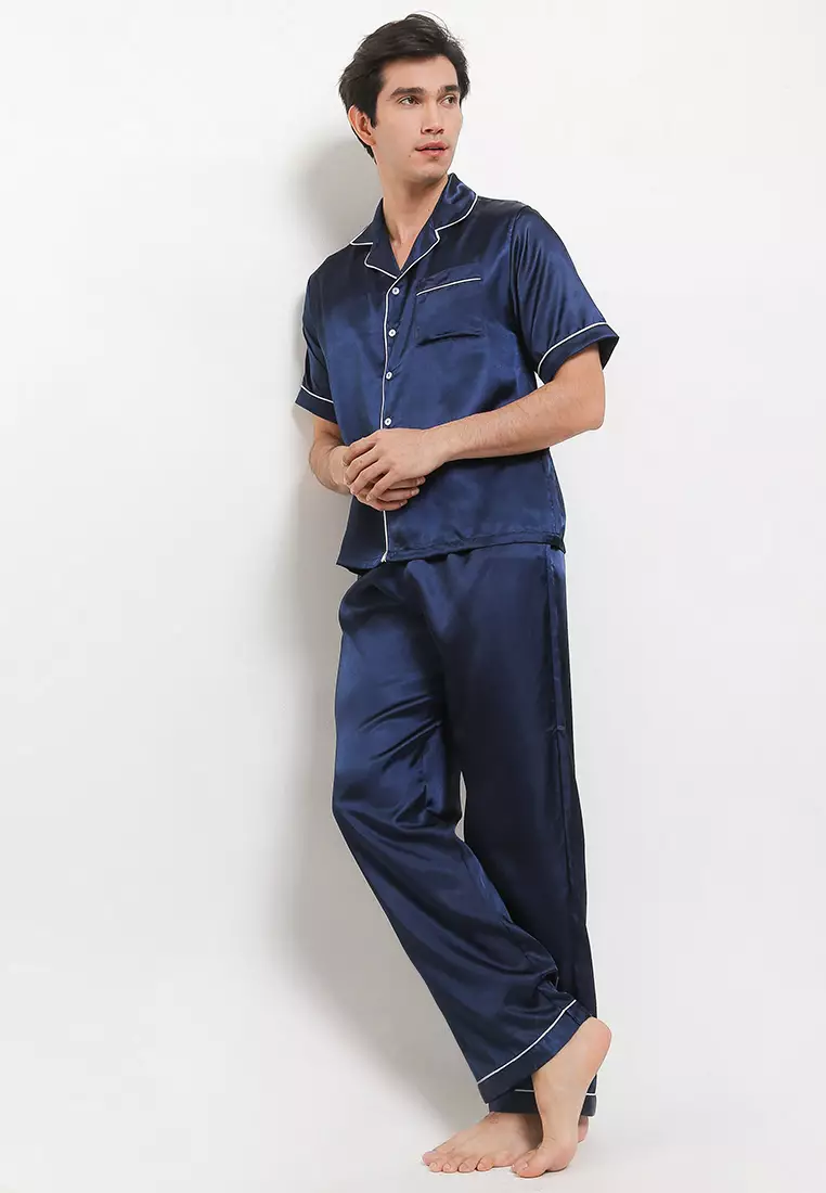 Pyjama Pijama Baju Tidur Satin Silk Short Sleeve Long Pants Mens Sleepwear