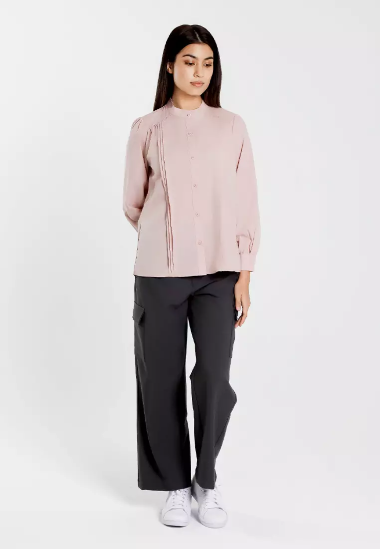 Forest Ladies Front Pleated Blouse Women Plain Long Sleeve Top - 822513-59Lotus Pink