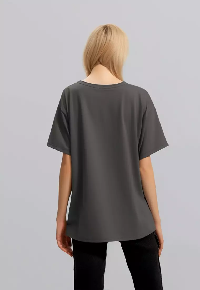 LTF37 kaos oversize wanita dark grey washed efek kaos band grunge distressed blessed flowers abu tua