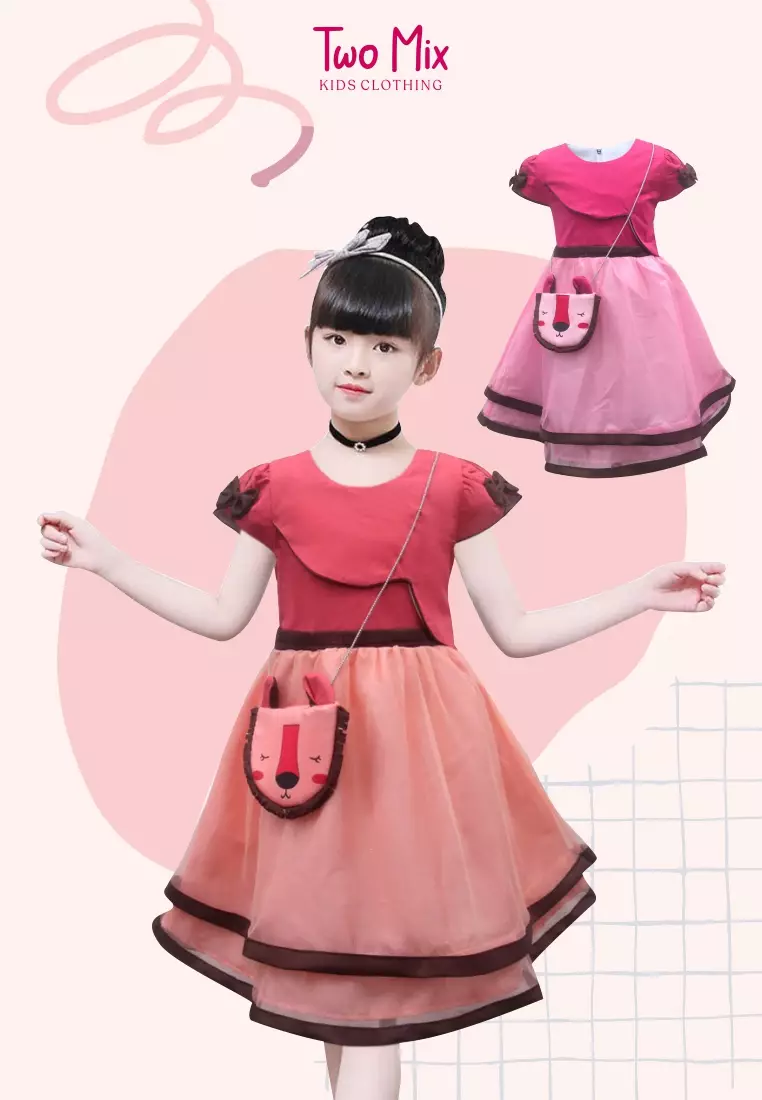Two Mix Baju anak perempuan / dress Anak fashion GRATIS tas lucu LION usia 1-12 tahun 4120