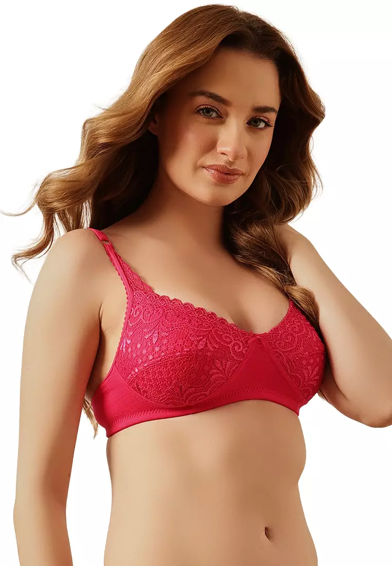 Clovia Non-Padded Non-Wired Full Cup Bra in Hot Pink - Lace