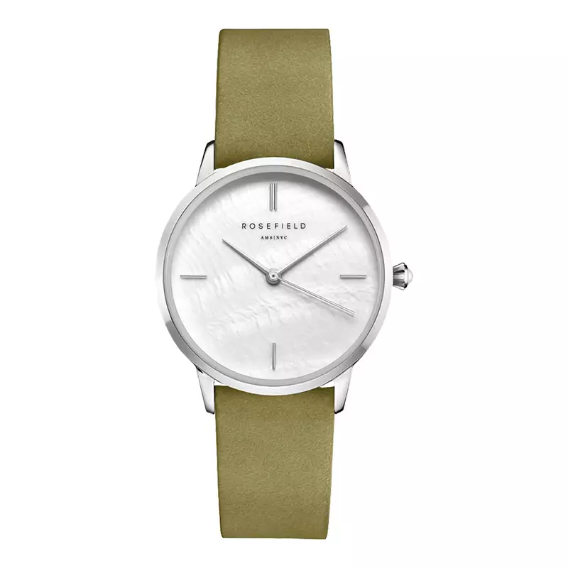 Jam Tangan Wanita Rosefield The Pearl RMOLS-R05 Ladies White Sunray Dial Green Leather Strap