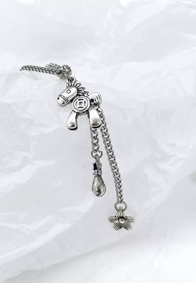 Petite Pony and Flower Long Chain Necklace in White Gold