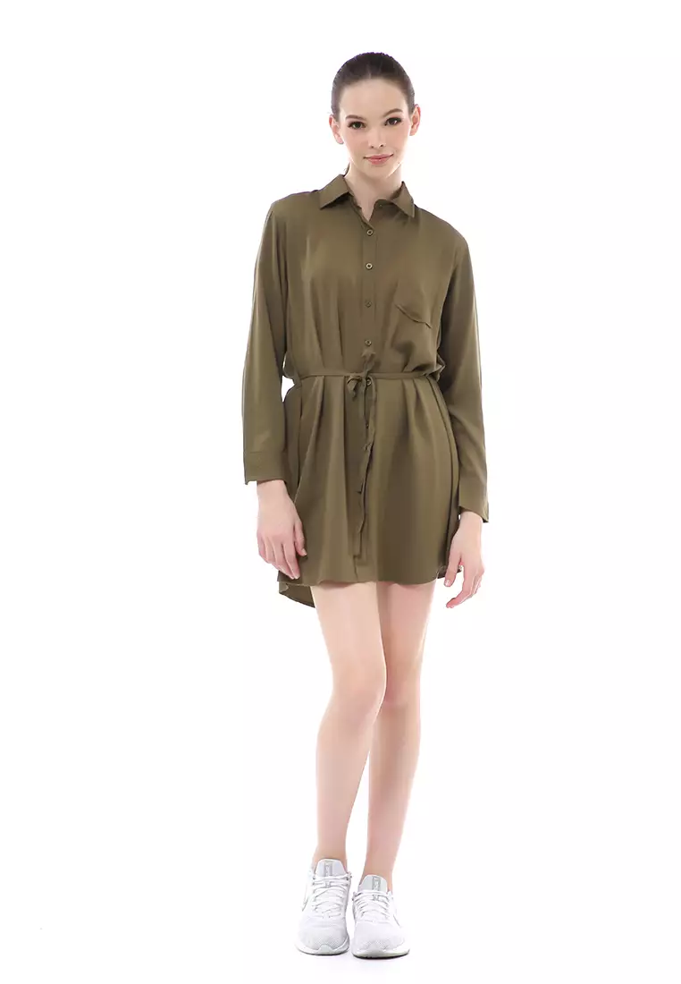 Rachel Dress Wanita Model Kemeja Full Kancing Long Sleeve Material Twill Rayon ORIGINAL - Army Green