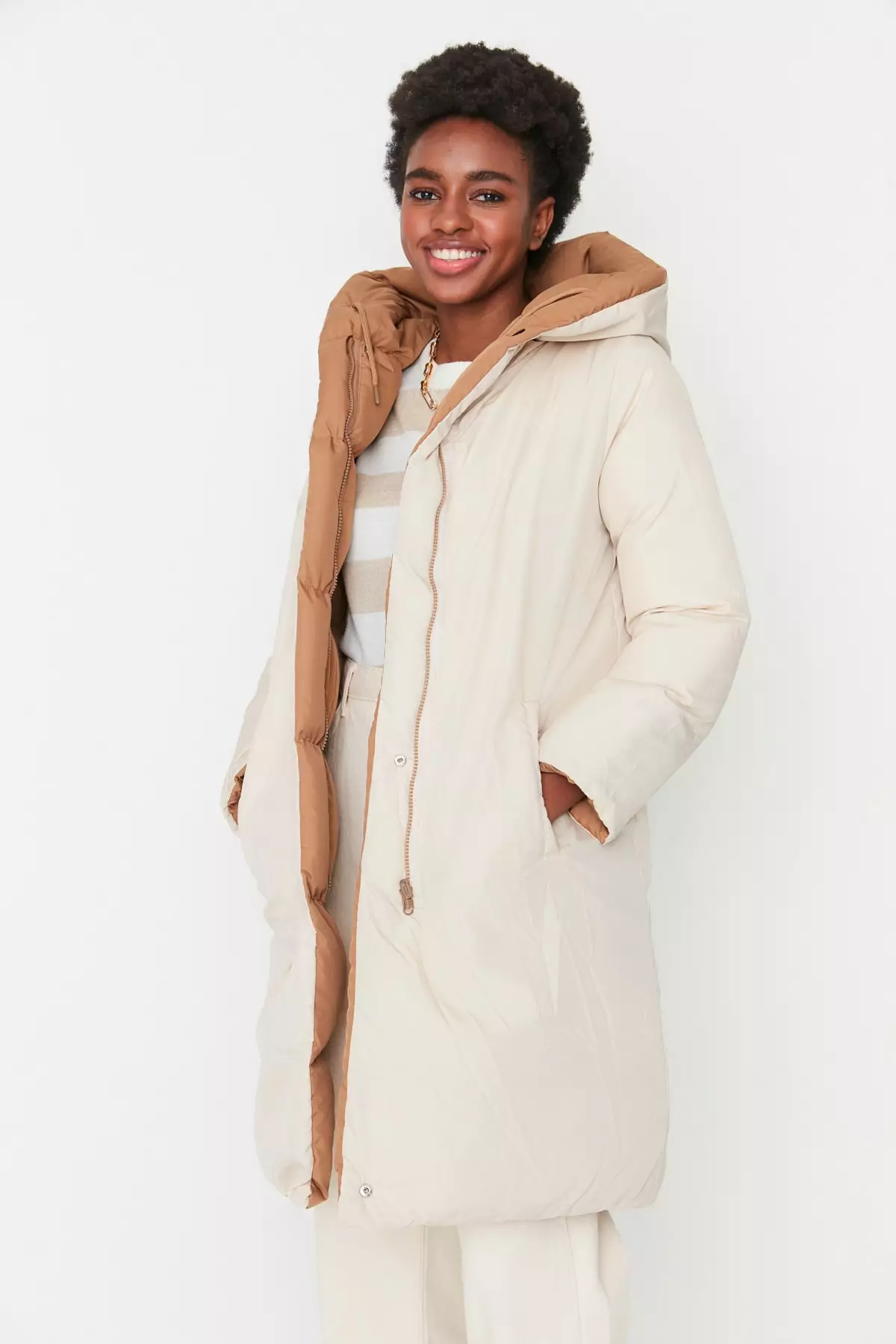 Brown-Ecru Double Sided Hooded Water Repellent Long Puffer Jacket TWOAW23MO00052