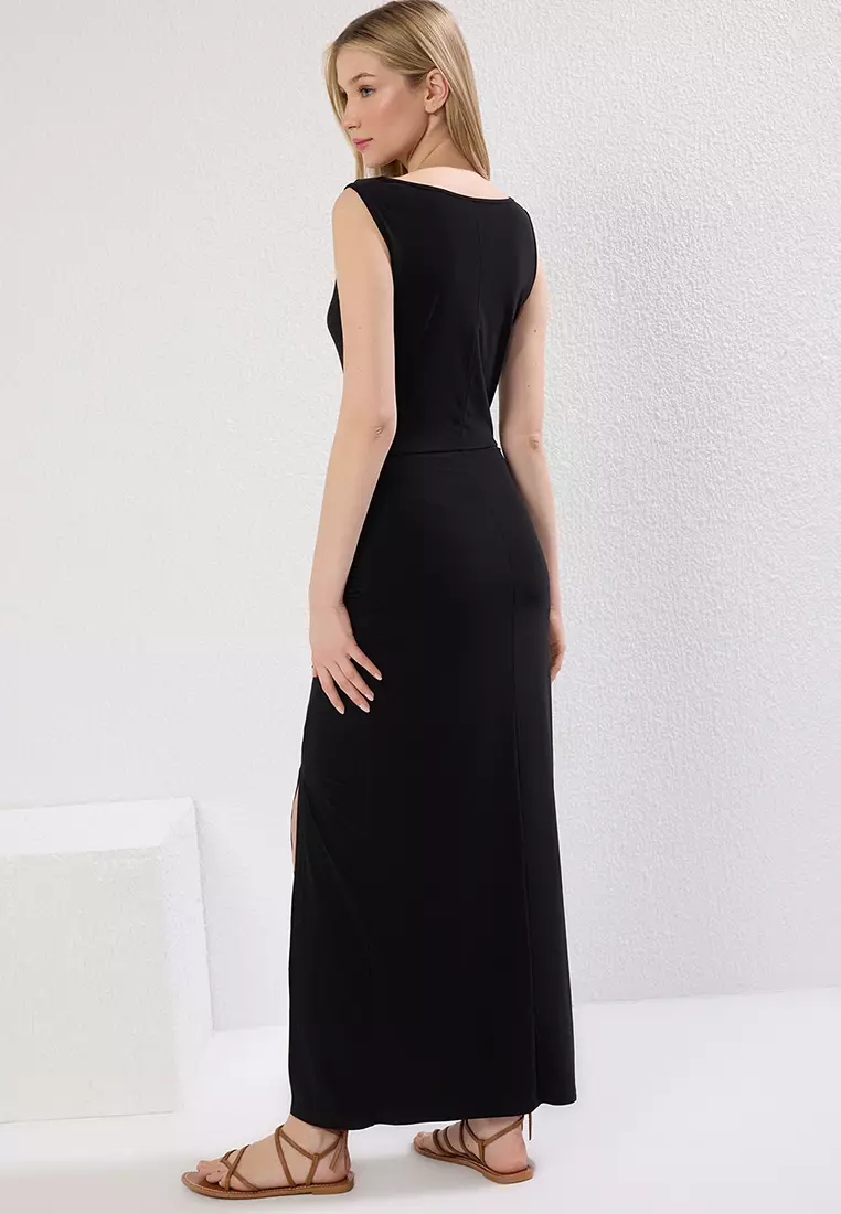 Black Cowl Neck Bodycon Slit Flexible Maxi Knit Dress