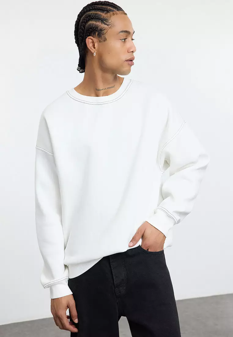 Ecru Fleece Oversize Sweatshirt - Crew Neck, Stitching Detail Tmnaw24Sw00011