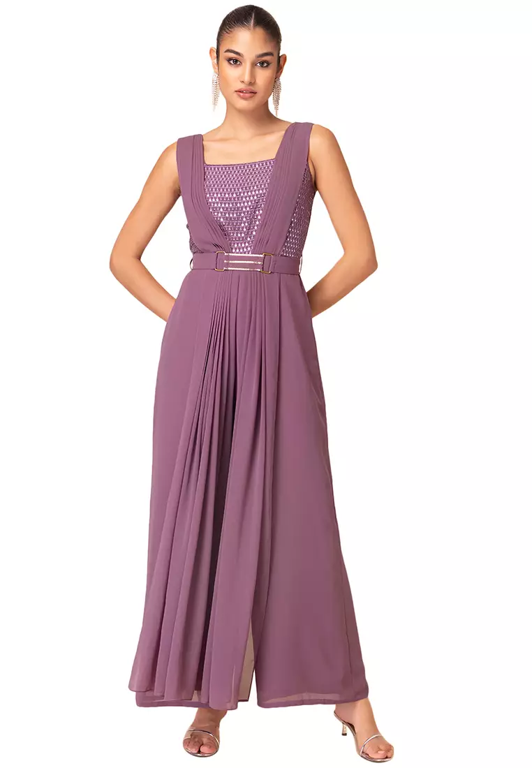 Buy Indya Purple Sequin Embroidered Jumpsuit With Belt And