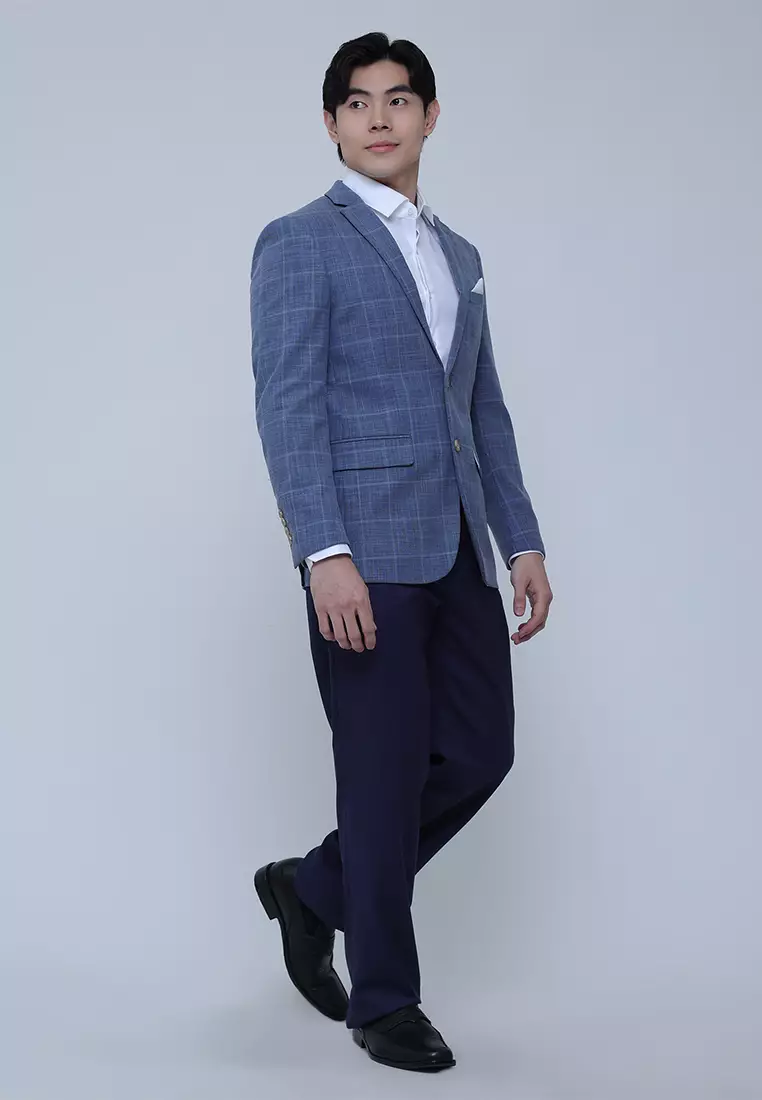 Light Blue Check Blazer Jacket with Stretch