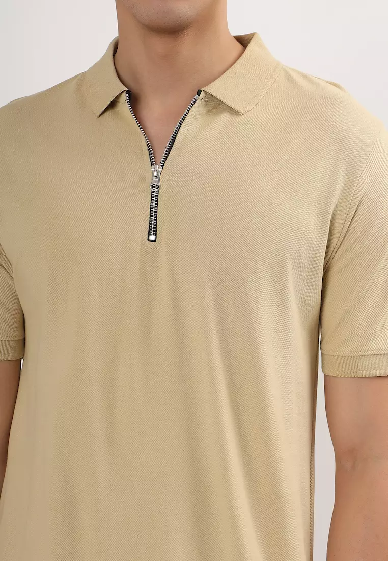 Mens Solid Brown Cotton Relaxed Fit Polo Shirt/Tshirt With Zip, Short Sleeve, Activewear, Casual Wear