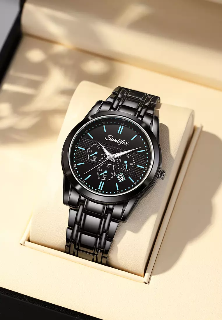 Jam Tangan Pria 9035 Analog Kalender Santai Tali Stainless Steel Jam Tangan Cowok blue