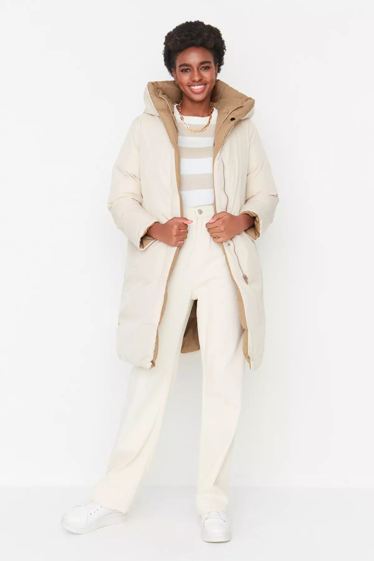 Brown-Ecru Double Sided Hooded Water Repellent Long Puffer Jacket TWOAW23MO00052