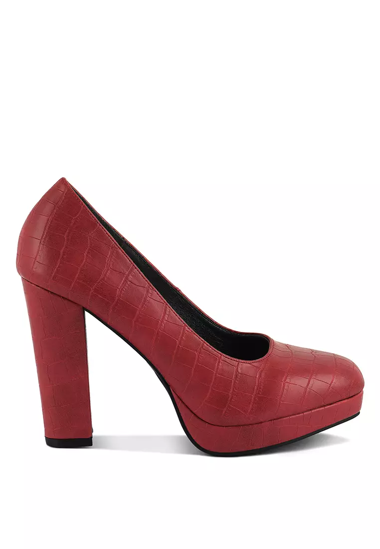 Discount on London Rag  shoes - SKU: Burgundy Croc Texture High Block Heel Pumps