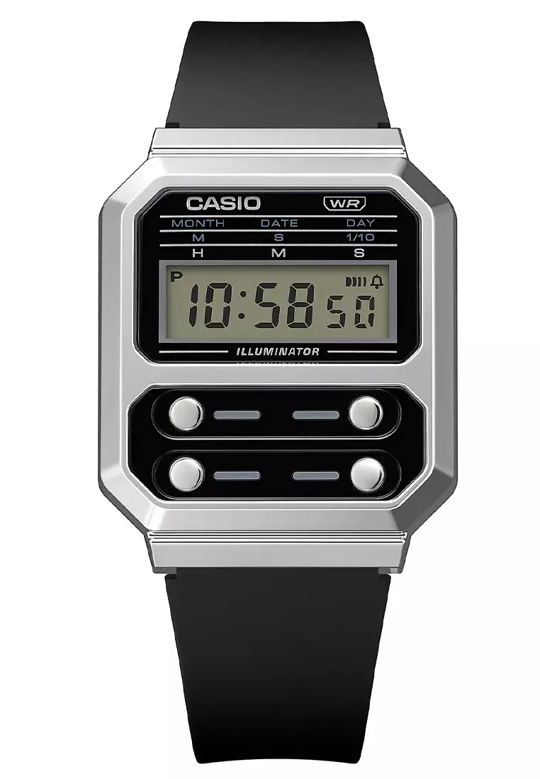 Jam Tangan Casio General A100WEF-1ADF Illuminator Vintage Digital Dial Black Resin Band
