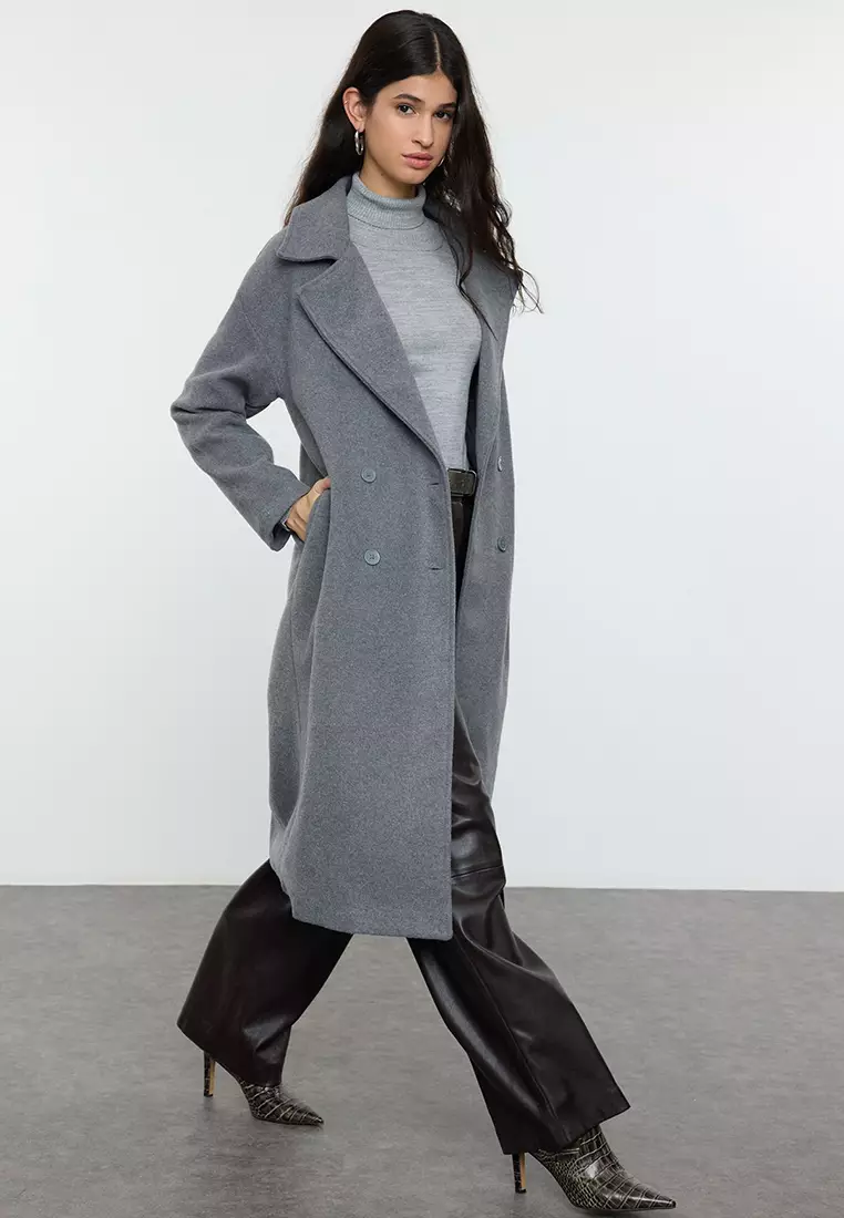 Gray Oversize Wide Cut Long Wool Cashmere Coat TWOAW21KB0038