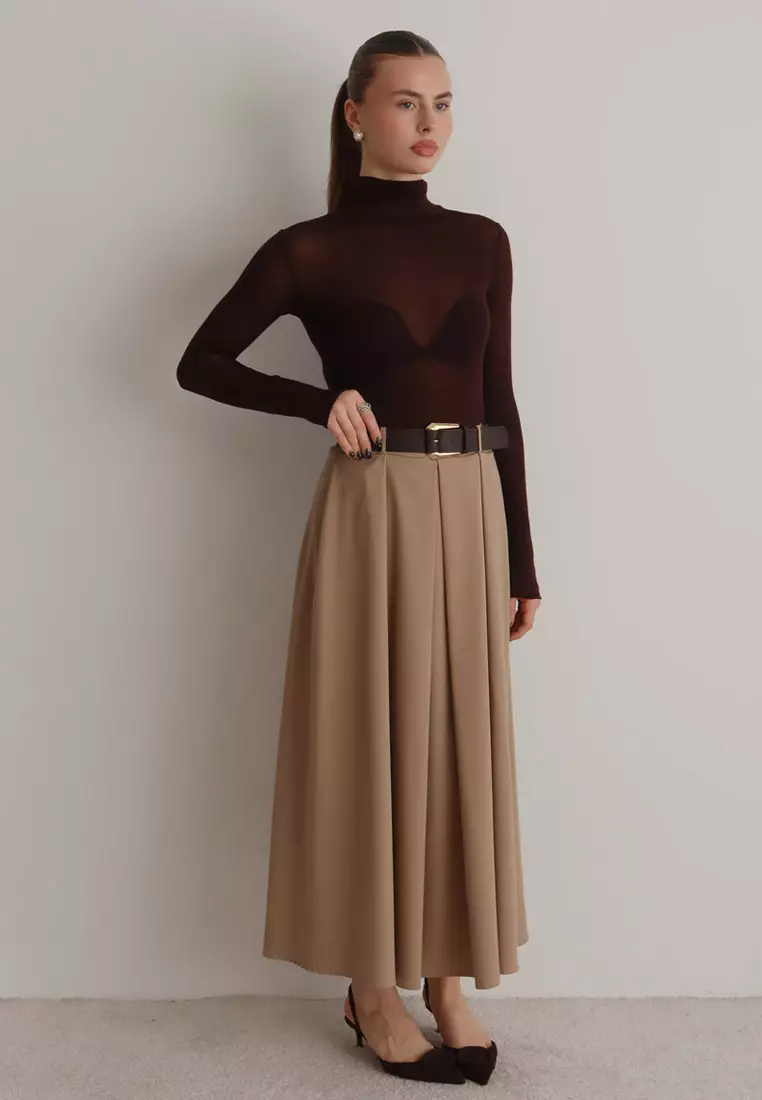 Beige Belted A-Line Flared Woven Maxi Long Skirt Twoaw26Et168