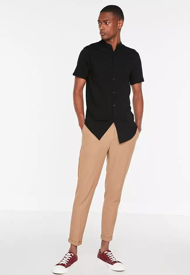 Slim Fit Straight Collar Short Sleeves Pique Shirt