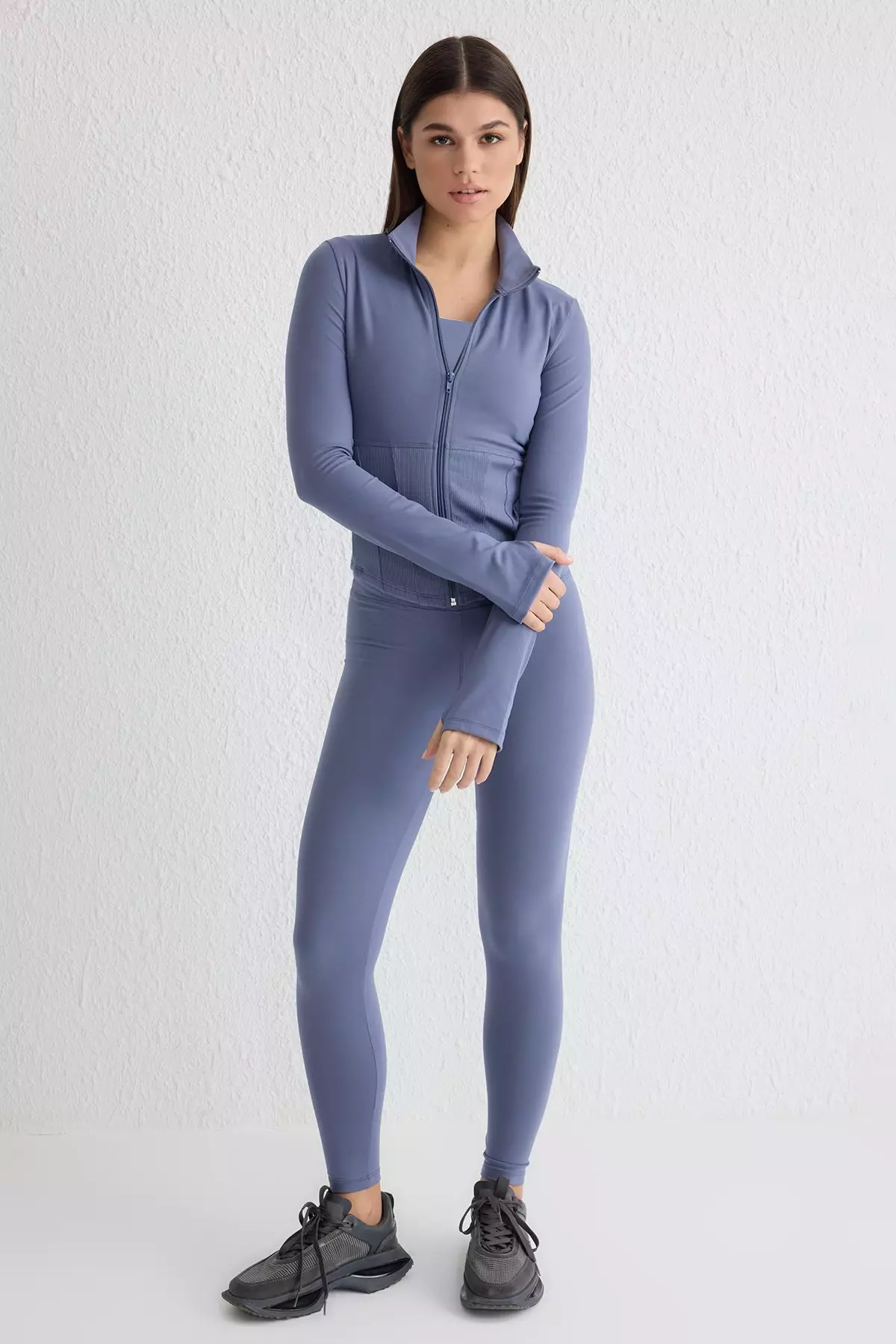 Indigo Brushed Soft Fabric Thumb Hole Knitted Sports Jacket/Sweatshirt