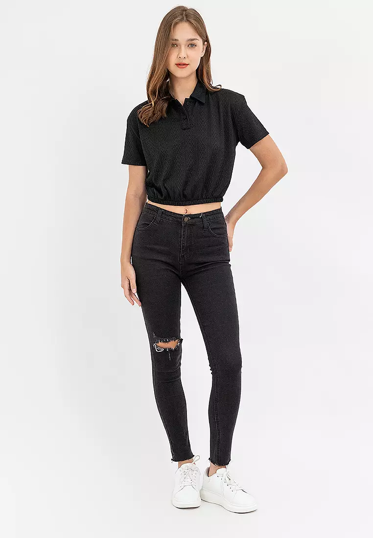 Ladies Harper Gartered Hem Polo  Shirt Black