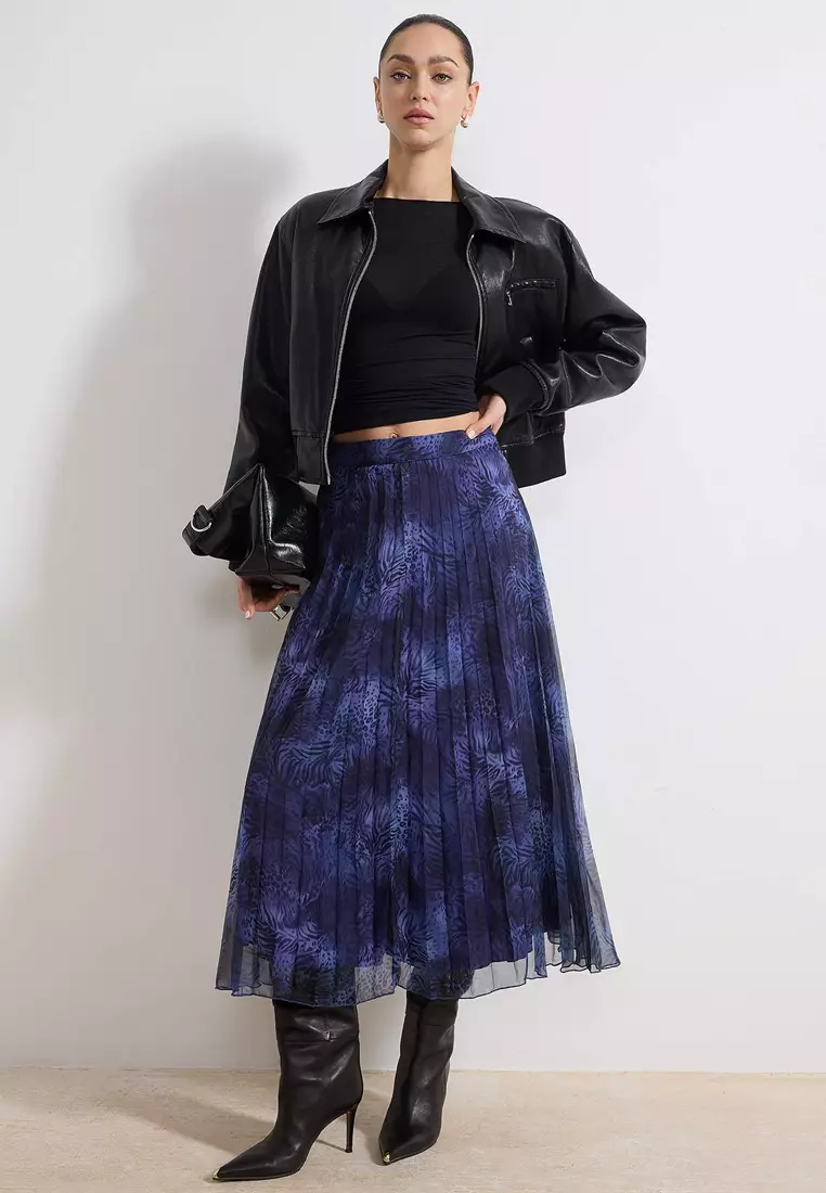 Navy Blue Patterned Lined Chiffon Pleated Midi Skirt Twoaw26Et142