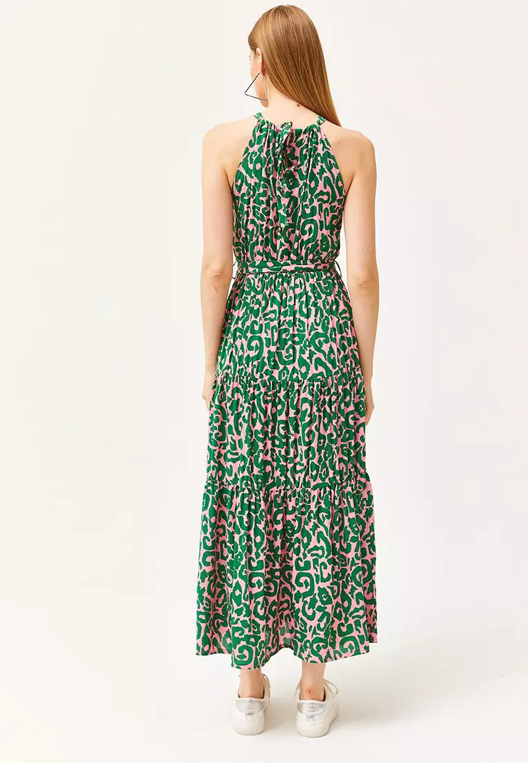 Halter Neck Belted Woven Viscose Dress