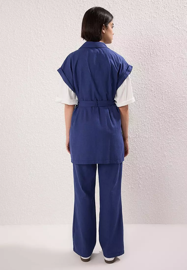 Navy Blue Linen Look Girdle Detailed Vest-Pants Woven Top and Bottom Set Tctss25Us00025