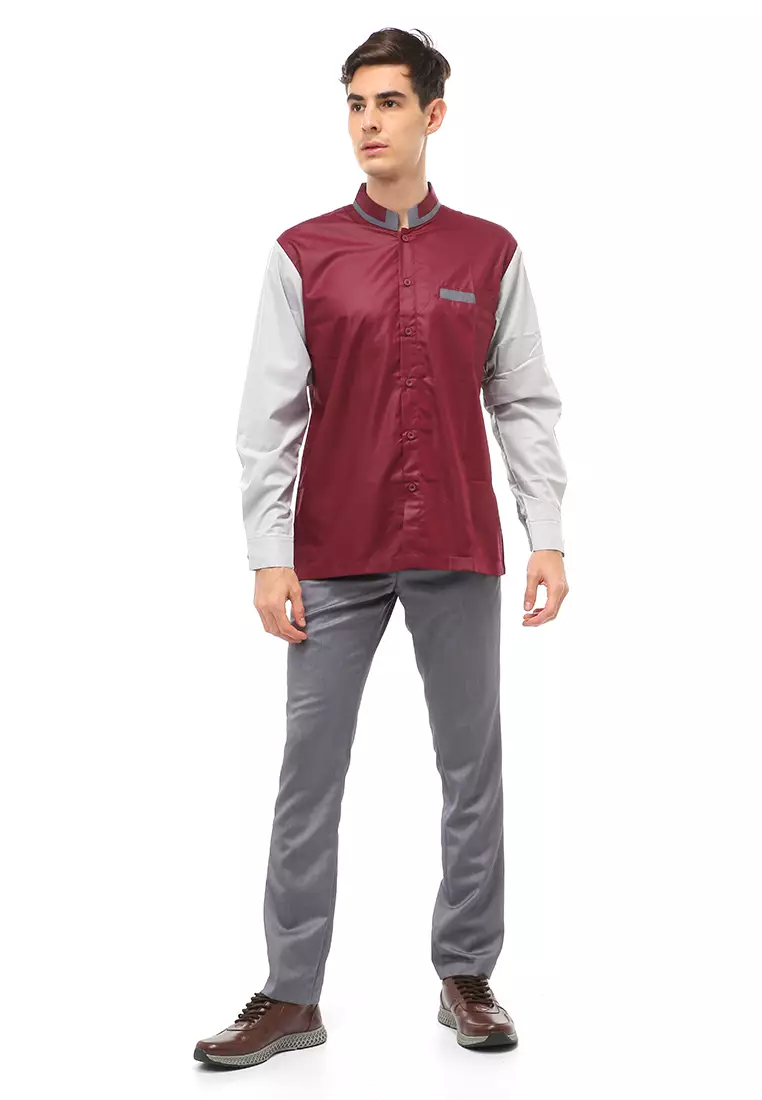 Dwan Atasan Formal Pria Kemeja Koko Skoder Motive Long Sleeve Material Cotton ORIGINAL - Maroon