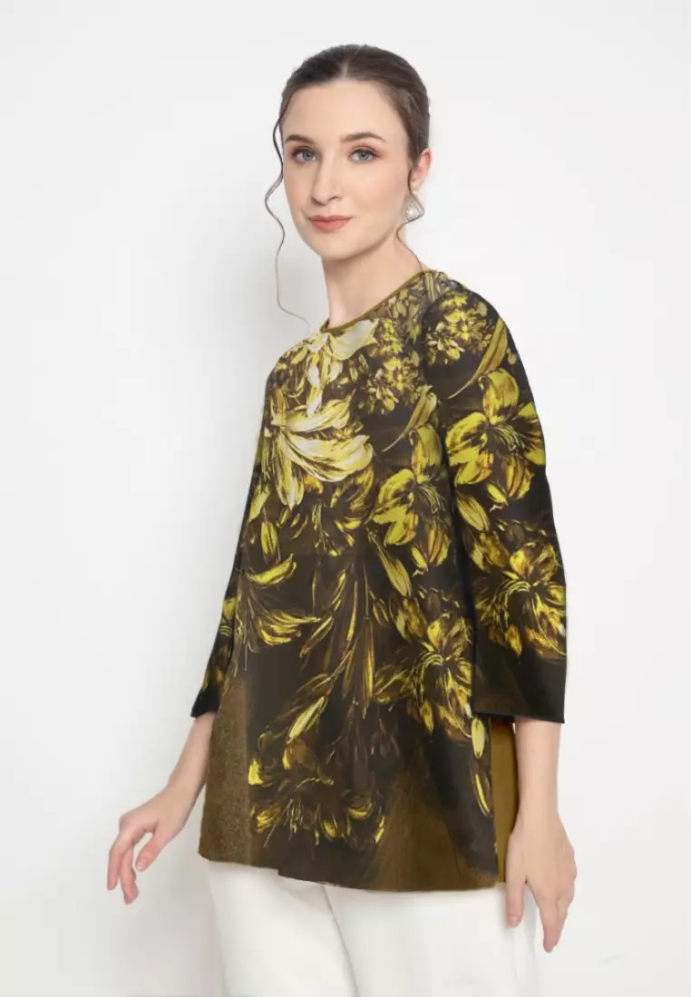 Floral Chiffon Blouse Green Long Sleeve By Brilliant Girl