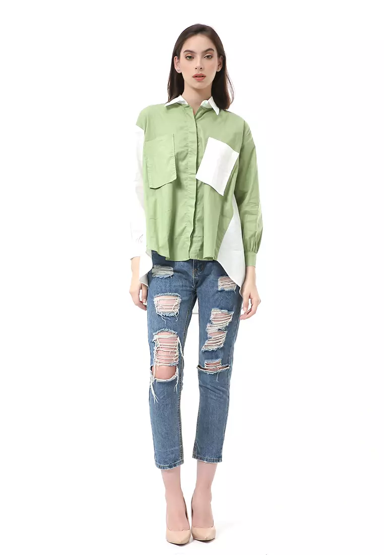 Brielle Atasan Wanita Kemeja Lengan Panjang Model Dua Warna Shirt Two Tone Material Cotton ORIGINAL - Mint White