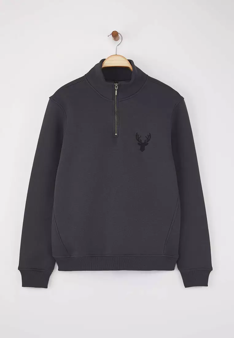 Anthracite Regular Cut Stand Collar Zippered Cotton Deer Embroidery Sweatshirt