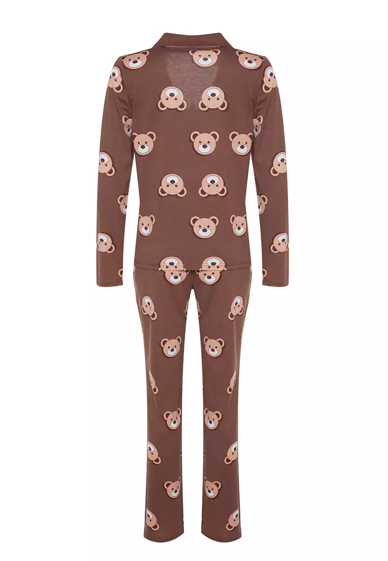 Brown 100% Cotton Teddy Bear Patterned Shirt-Pants Knitted Pajama Set Thmaw24Pt00002